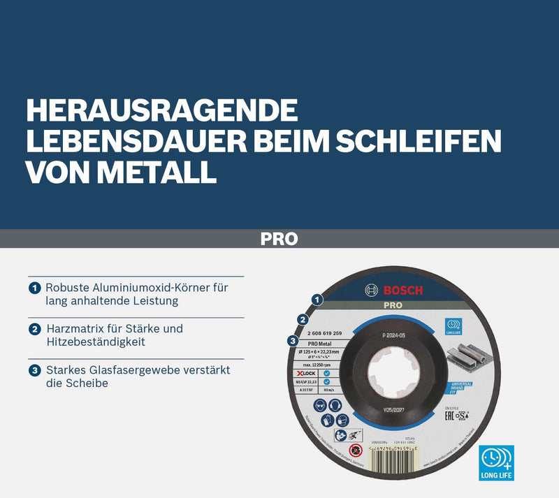 Bosch Professional Expert 2608619259 Cranked Grinding Disc for Metal, X-LOCK, Diameter 125 mm, Bore Diameter: 22.23 mm, Thickness: 6 mm, Diameter 125 mm