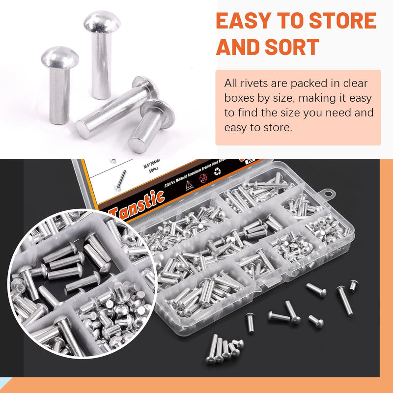 [Australia - AusPower] - Tanstic 330Pcs M4 Solid Aluminum Brazier Head Rivets, 6mm 10mm 14mm 20mm 25mm Length Solid Aluminum Rivets for Machinery Automobile Industry 