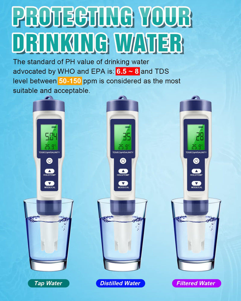 [Australia - AusPower] - 6 in 1 TDS Meter & PH Tester, 0.01 High Accuracy Pool Salt Tester PH Meter for Water, Water PH/TDS/EC/Salt/Temperature Tester(°F/℃), PPM Meter for Drinking Water, Hydroponics, Aquarium and Pool 
