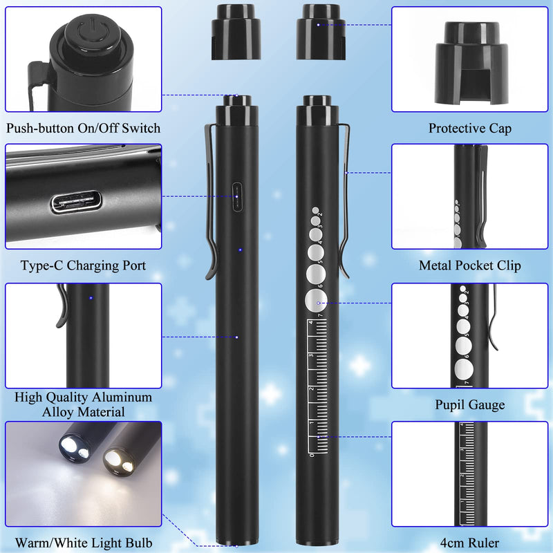 [Australia - AusPower] - CAVN Rechargeable Pen Light with Pupil Gauge LED Penlights for Nurses Doctors, Warm/White Light, USB Rechargeable Medical Penlight Gifts for Nurses Nursing Student (Black) Black 