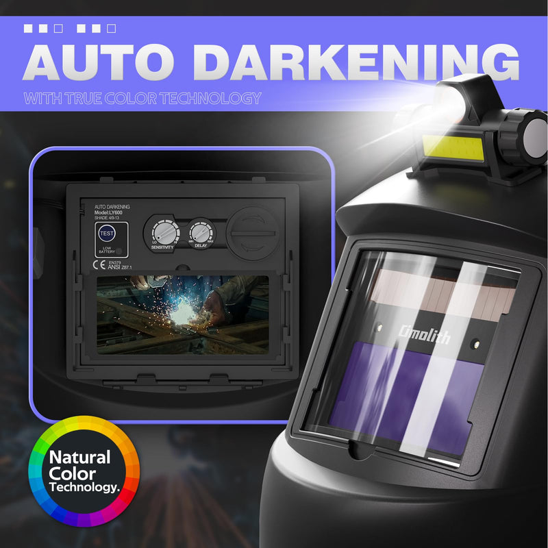 1/1/1/1 True Color Auto Darkening Welding Helmet with light, Solar Powered Wide Shade 4/9-13 for TIG MIG Stick Weld Hood Mask OM-860CS