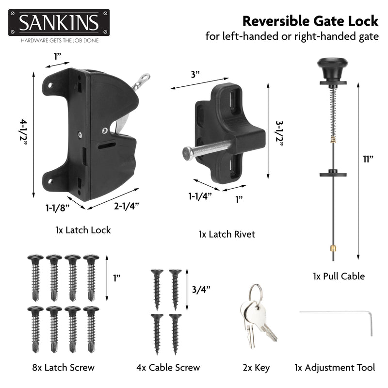 Key Lockable Fence Gate Latch, 2 Sided Gate Lock Latch for Outdoor Fence, Keyed Fence Lock Latch with Spring Loaded Pull Cable, Fence Latch Gate Hardware for Wood, Vinyl, Metal Gates, Black