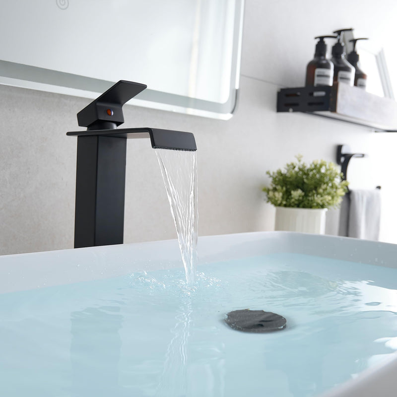 Brass Vessel Sink Faucet Black Waterfall Bathroom Faucet 1 Hole, Tall Bathroom Sink Faucet Single Handle, Modern Bathroom Faucets for Vessel Sinks with Pop Up Drain and Supply Hoses Matte Black