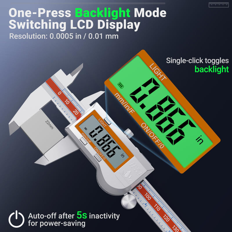 [Australia - AusPower] - Preciva Digital Caliper Measuring Tool, Stainless Steel Digital Micrometer Vernier Caliper, with Backlight LCD, Auto-Off Feature, IP54 Splash Proof Protection and Inch Metric Conversion 6 Inch/150 mm 