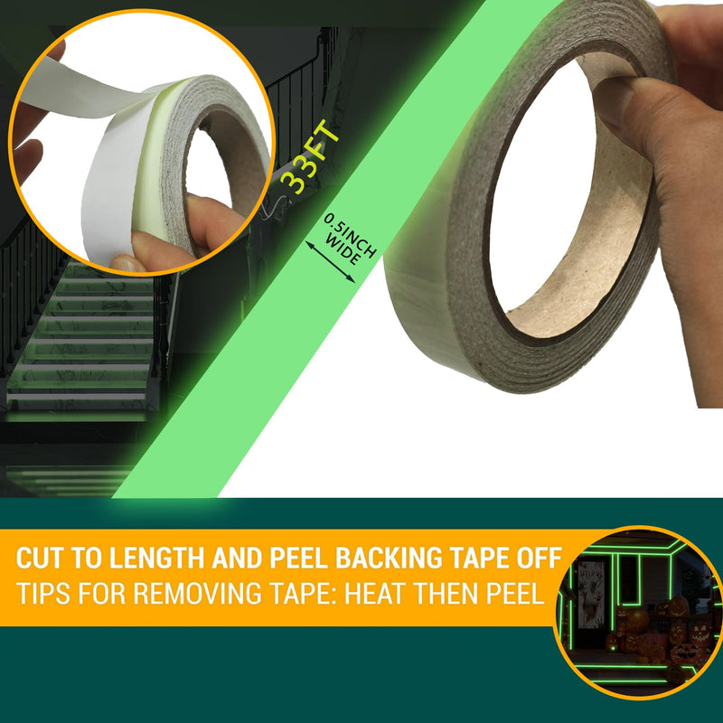 [Australia - AusPower] - Glow in The Dark Tape 33FT x 0.5 Inch Long-Lasting Bright Fluorescent 8 Hours Glow Tape, Strong Adhesive Warterproof Glow in The Dark Stickers for Night Decorations, Stairs, Walls and Exit Sign 33FT x 0.5IN 