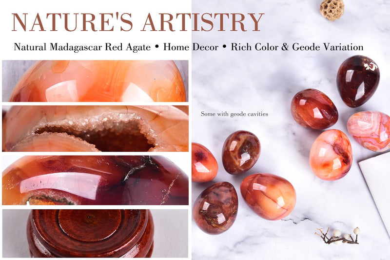 AMOYSTONE Red Agate Eggs Set of 4 (Polished Banded Agate) - Natural Gemstone Specimens with Wooden Base for Display & Collection (1.5-2 Inch, 2.8 oz) 1.5-2 Inch Red Agate Mini