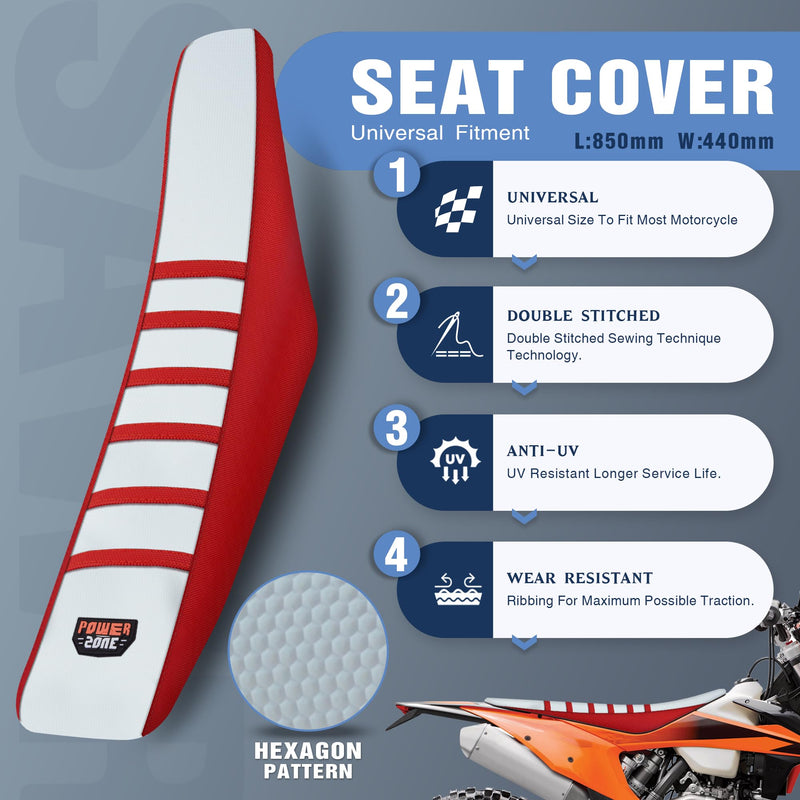 Dirt Bike Seat Cover Universal - Ribbed Gripper Pit Bike Seat Cover for Motorcycle Enduor Motocross Red-White