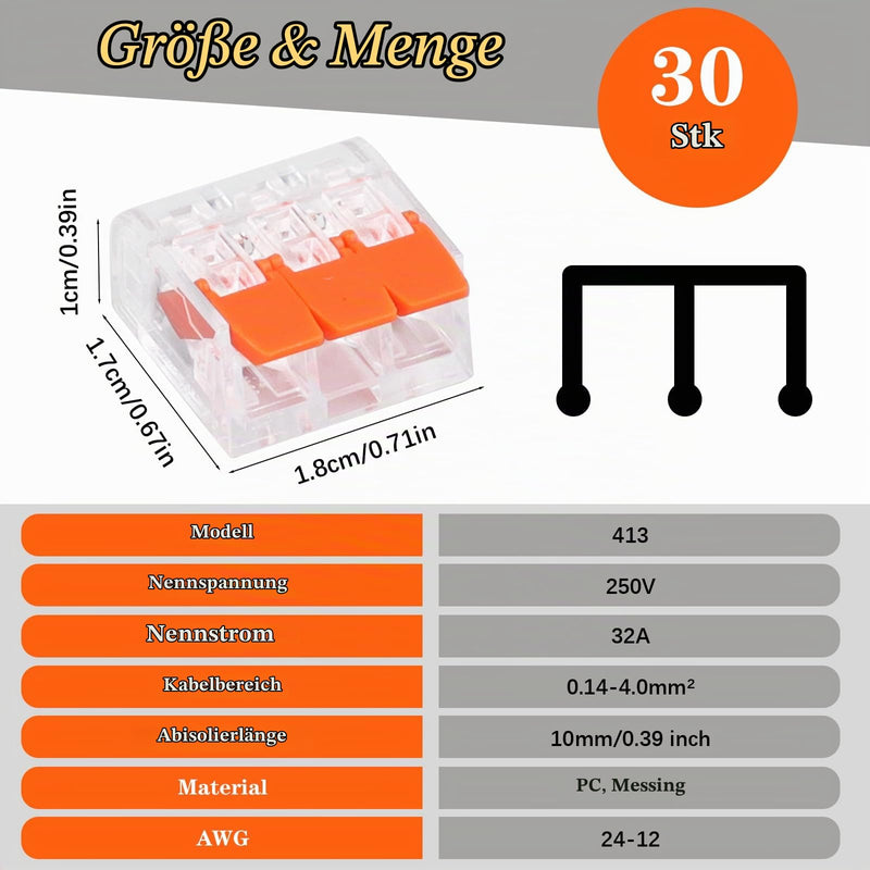 Terminals, 3-Pin, Pack of 30 Cable Connectors, Reusable Clamps for Electrical Installations | Cable Clamps for 0.14-4mm² Conductors, Terminal Blocks, Connection Terminals for Electrical Installations & Fixed Cables THBAP0082A030EU