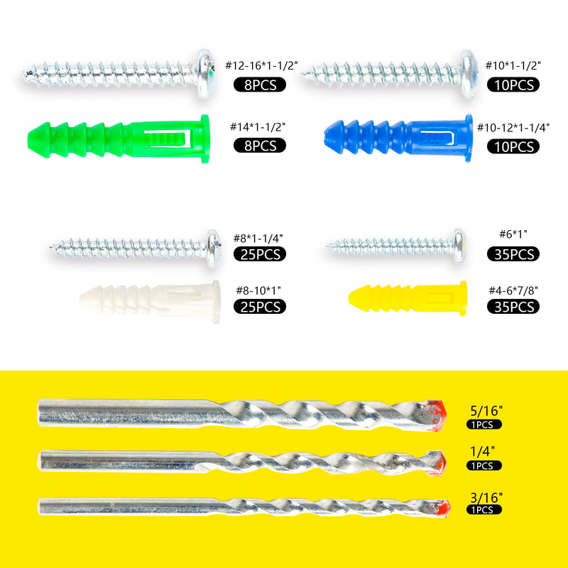[Australia - AusPower] - Drywall Anchors and Screws Kit 159Pcs, Plastic Wall Anchors Assortment Kit with 3Pcs Drill Bit for Drywall(#6,#8,#10,#14) 