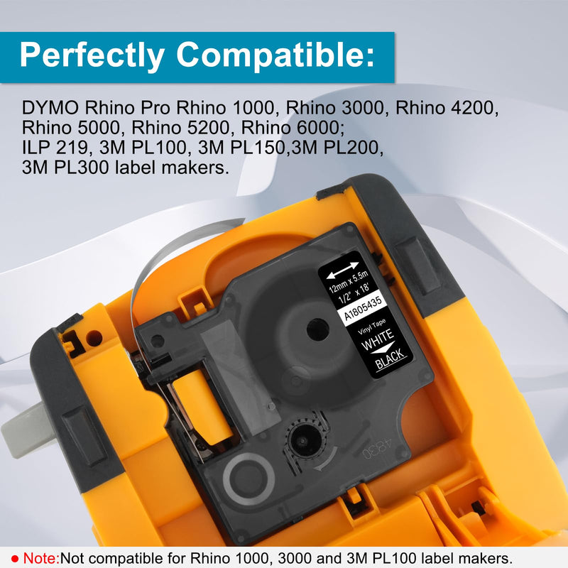 5 Pack Compatible for Dymo Rhino 1805436 3/4" 19mm and 5 Pack 1805435 1/2" 12mm White on Black Vinyl Permanent Industrial Label Tape