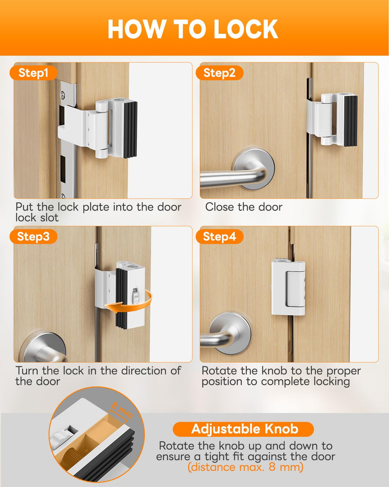 Portable Door Reinforcement Lock for Travel & Home, No Screws Instant Install Safety Lock for Inward Swing Front Door, Hotel, Apartment - Extra Latch from Inside Withstand 800lbs (White-3PCS) White-3PCS