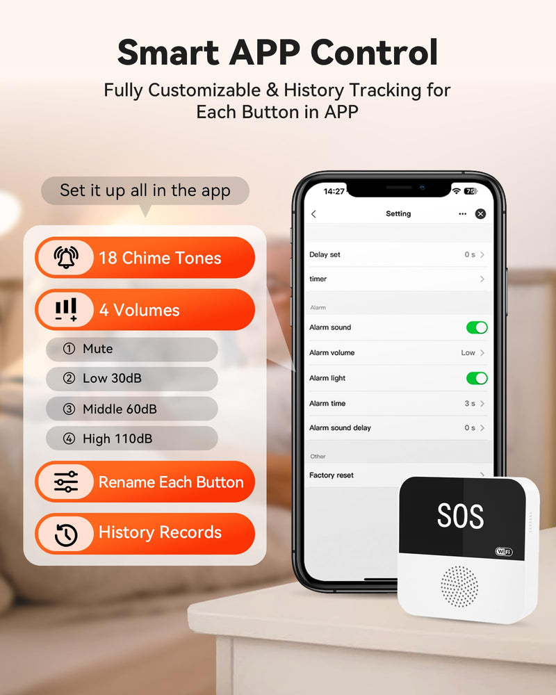 PILSAMAS WiFi Caregiver Wireless Call Button System - 2 Lanyard + 1 Pull Cord Emergency Button, No Monthly Fee APP Alert, Custom Names/Tones, Elderly Safety for Mobile, Bathroom & Bedside Care P5- 2 LANYARDS+1 PULL BUTTON + 1 HUB