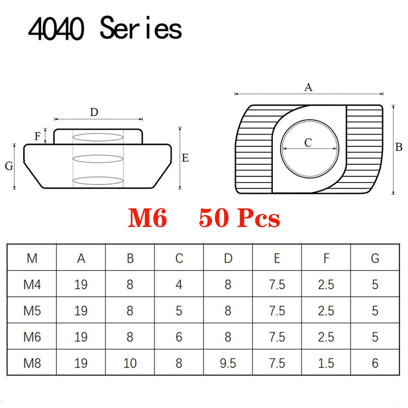 [Australia - AusPower] - 50pcs 4040 Series M6 Thread T Nuts Hammer Head Fastener Nut Sliding T-Nut,Nickel Plated Carbon Steel Nut for 40 Series Aluminum Extrusion Profile T Slot 8mm (4040 Series M6) 