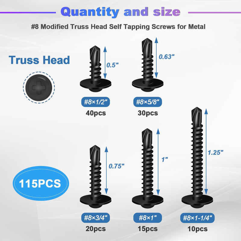 [Australia - AusPower] - mxuteuk #8 x 1/2'' to 1-1/4" Black Self Tapping Screws Modified Truss Head 410 Stainless Steel Self Tapping Screws for Metal(115PCS) 