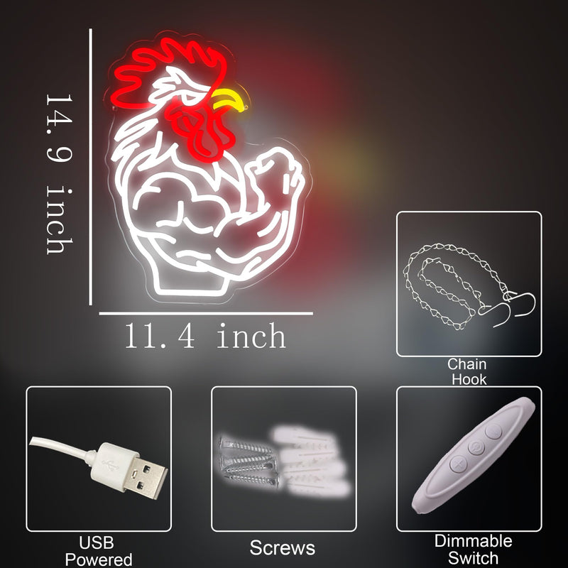 Muscular Rooster Gym Neon Sign for Home Gym Decor, Bodybuilding Funny Chicken Led Neon Light for Workout Trainer Room, Farmhouse,Bold Gifts for Game Rooms, and Man Caves Muscular Rooster-Red White
