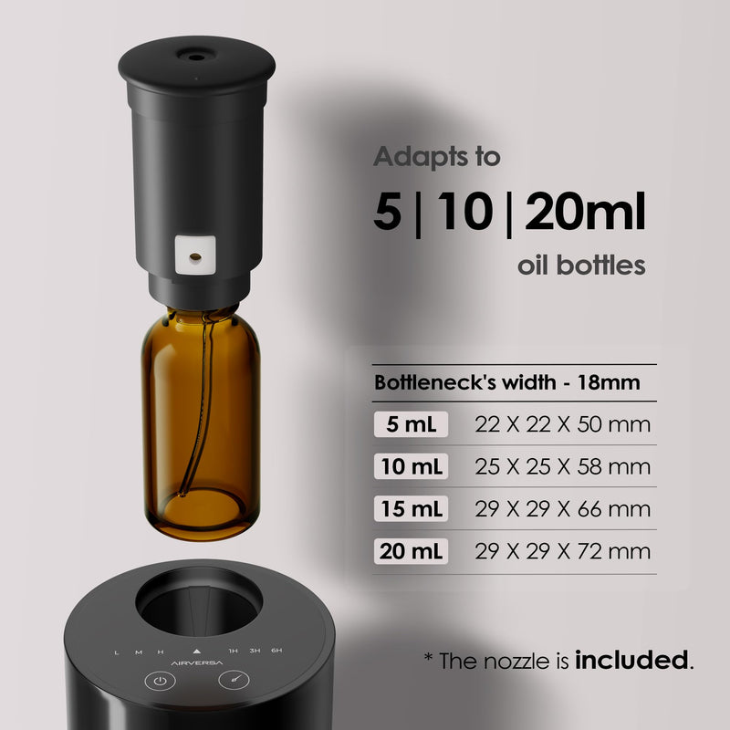 [Australia - AusPower] - Airversa Waterless Diffuser for Essential Oil, Car Diffsuer, Battery Operated Nebulizer, 0.7 Fl Oz/ 20mL, Mini Scent Air Machine, 3 Timers & 3 Mist Levels for Home, Room, Office - AN6 + Extra Nozzle C_black 1 Pack 