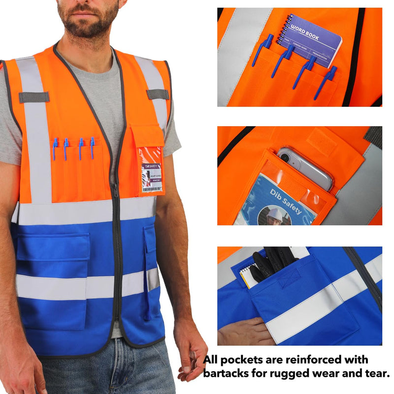 Dib Safety Reflective Safety Vest for Men Women, High Visibility Vest with Pockets and Zipper, ANSI Class 2 X-Large Orange & Blue