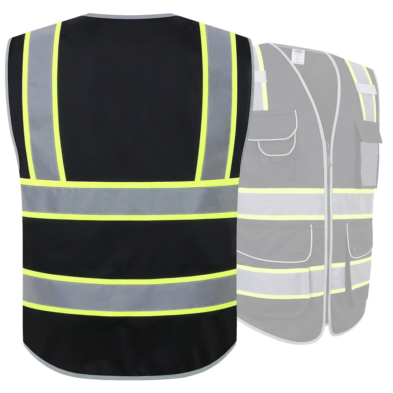 JKSafety 9 Pockets Hi-Vis Black Color Zipper Front Safety Vest Fluorescent Yellow Strips outlining the Reflective Tapes ANSI/ISEA Class 1 (901-Black, Medium) Black Yellow Strips