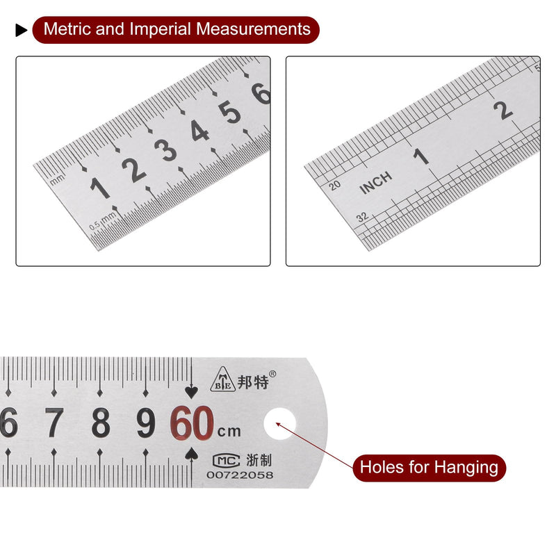 HARFINGTON 2pcs Stainless Steel Ruler 24-inch/60cm Metal Rulers 1.14" Wide, Inch and Metric Graduation Straight Edge Measuring Tool 600x29x1mm 2