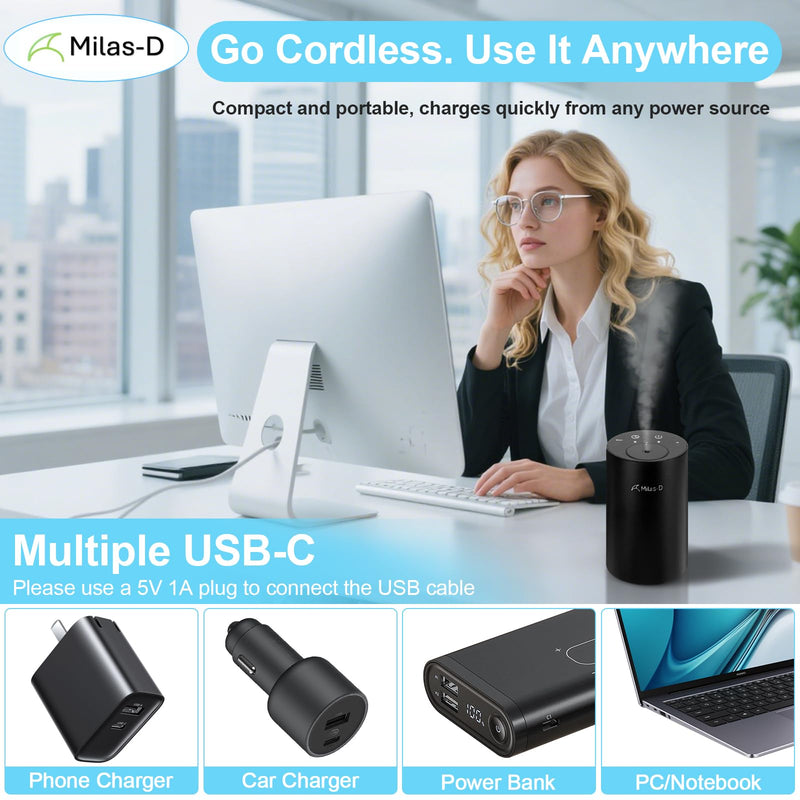 [Australia - AusPower] - Waterless Essential Oil Diffuser, Battery Operated Nebulizer with 3-Timers & 3 Mist Levels, 0.7 fl.oz./20ml, Mini Scent Air Machine, Home Car Office Studio, Portable & Rechargeable, Milas-D, Black 