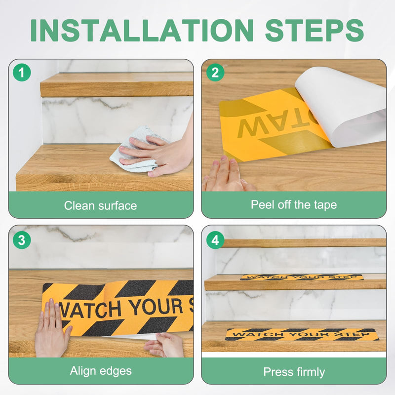 M METERXITY 2-Pack WATCH YOUR STEP Floor Decals Stickers 6 x 24 Inch Watch Your Step Sign Warning Sticker Self-Adhesive Anti Slip Abrasive Tape for Indoor/Outdoor Stairs Step[Yellow Black]