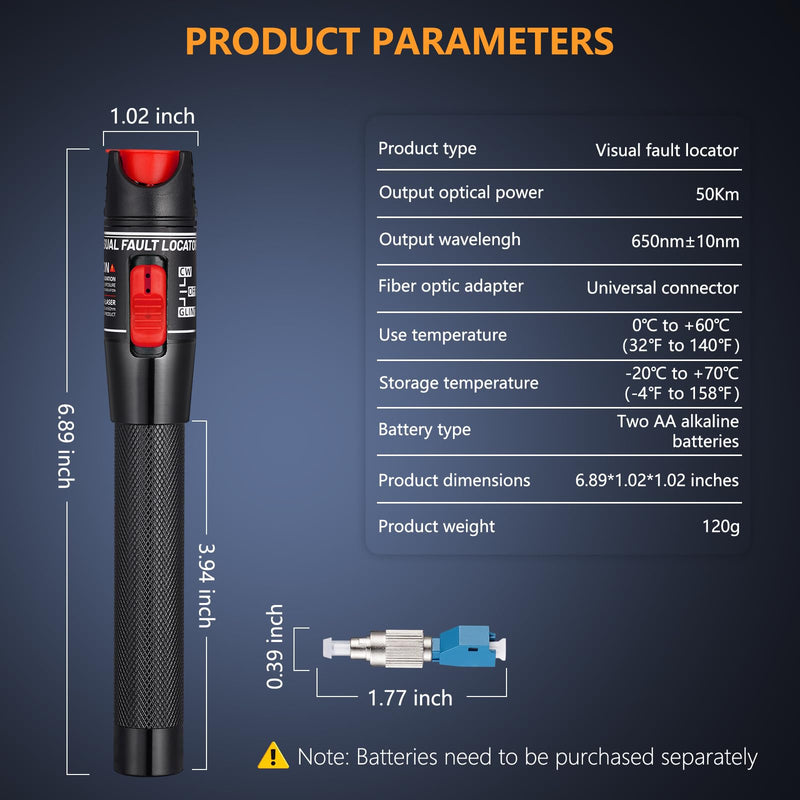 Visual Fault Locator 50KM - VFL Fiber Optic Tester Kit with Universal 2.5mm Connector, Includes FC to LC Adapter, Compatible Single Mode 9/125um & Multimode, Fiber Light & Laser for CATV Telecom