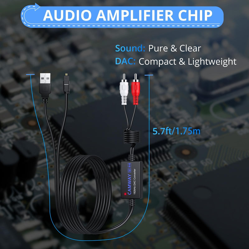 [Australia - AusPower] - CAMWAY Digital to Analog Audio Converter,Optical to R/C/A Converter,SPDIF to R/C/A,192kHz DAC Converter 5.7 ft Audio Cable,Optical Toslink to R/C/A Audio Adapter 