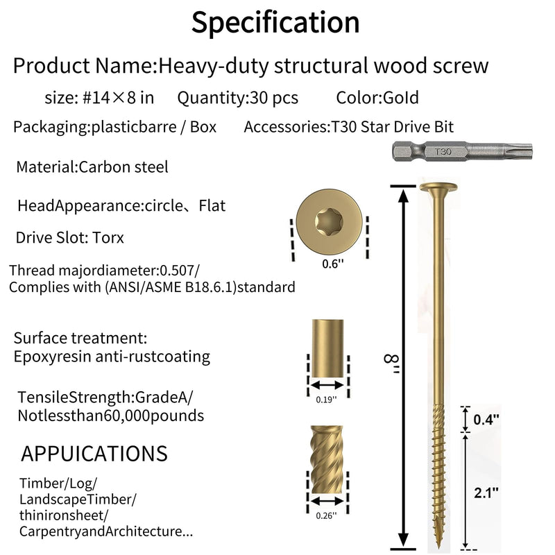 #14×8Inch Heavy Duty Outdoor Wood Screws Carbon Steel Rustproof Deck Screws 30 Pcs Epoxy Structural Screws With T30 Drill Bit, No Pre-Drilling Required, for Woodworking Construction Projects #14×8in