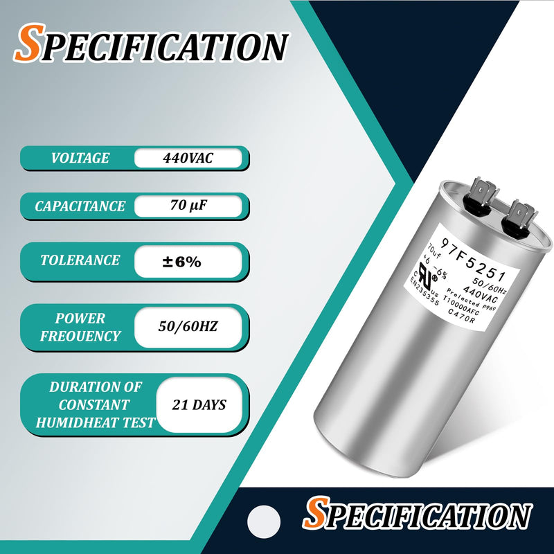 97F5251 C470R 70uF MFD x 440VAC Industrial Replacement Capacitor Round Heavy Duty Motor Start Run Capacitor (97F5251)