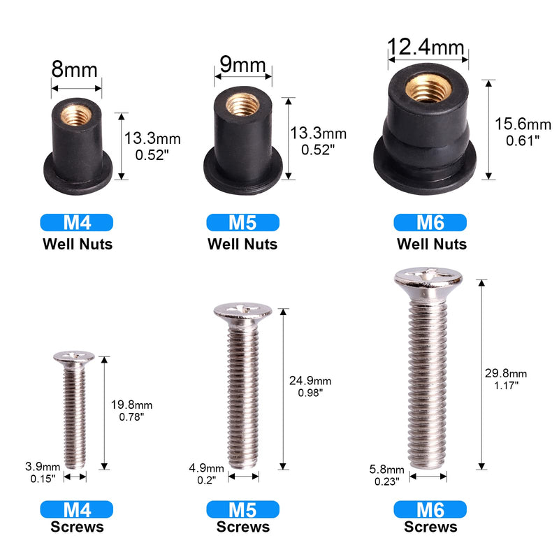 WEDAMER 72 Pairs M4 M5 M6 Neoprene Well Nuts with Stainless Steel Screw M5 Rubber Well Nuts Kayak Brass Copper Bolts Well Nut Kit for Kayak Motorcycle Boat Marine Windscreen Accessories (M4 M5 M6) M4/M5/M6 Each 24 Pairs