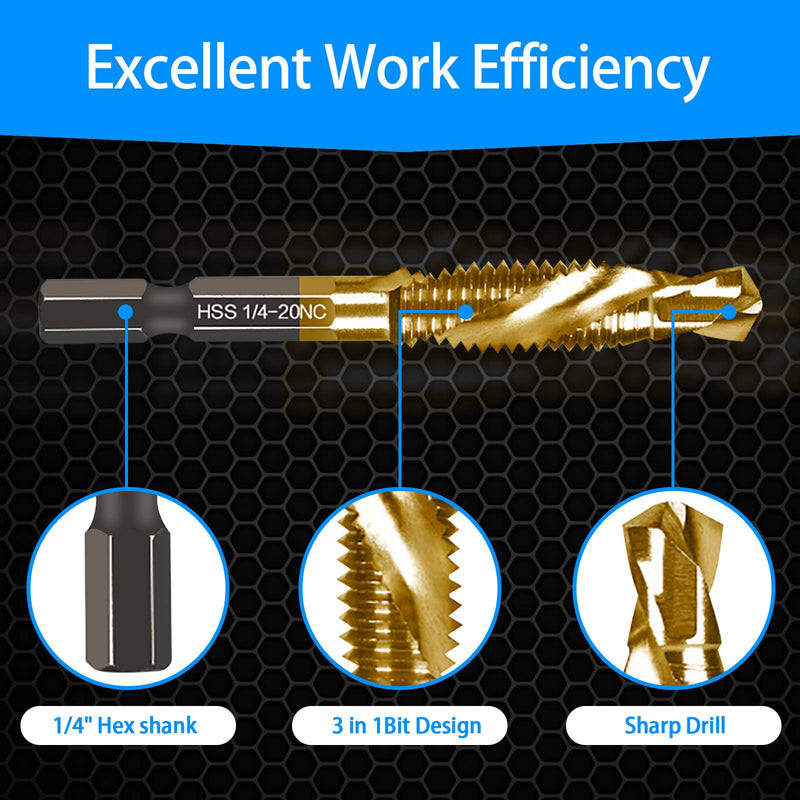 6-pc 1/4-20NC Combination Drill Tap Bit Set SAE, 1/4" UNC-20 Thread Size, Titanium Coated High-Speed Steel, Ideal for Drilling and Threading in Soft Metal Wood and Plastic, 1/4 Hex Shank 6 Pcs 1/4-20NC