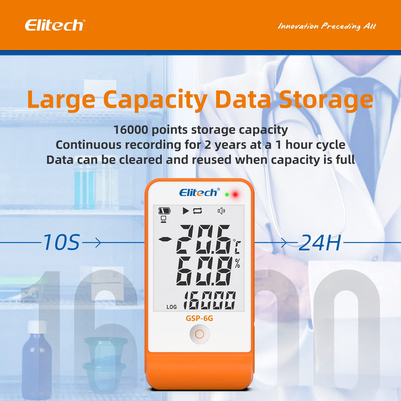 [Australia - AusPower] - Elitech GSP-6G Professional Thermo-Hygrometer - Precise Temperature and Humidity Meter with Alarm Function, Data Logger for Indoor & Outdoor Use (LCD Display, High Accuracy) Temperature logger with wet GSP6G 