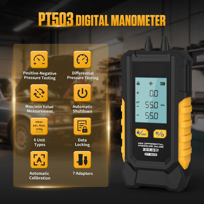 PT503 Manometer Gas Pressure Tester,Dual-Port HVAC Digital Manometer with Range of -100 to 200 KPa, 6 Units, Data Retention, 7Adapters, PT503
