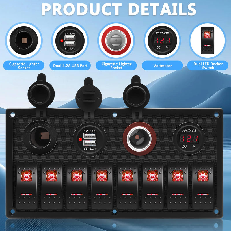 Geloo 8 Gang Marine Rocker Switch Panel, Boat Switch Panel Waterproof, 12V Switch Panel Toggle Switches Panel with LED Circuit Breaker 3.1A USB Charger Voltmeter ON/Off for Car Rvs Vehicles (Red) Red