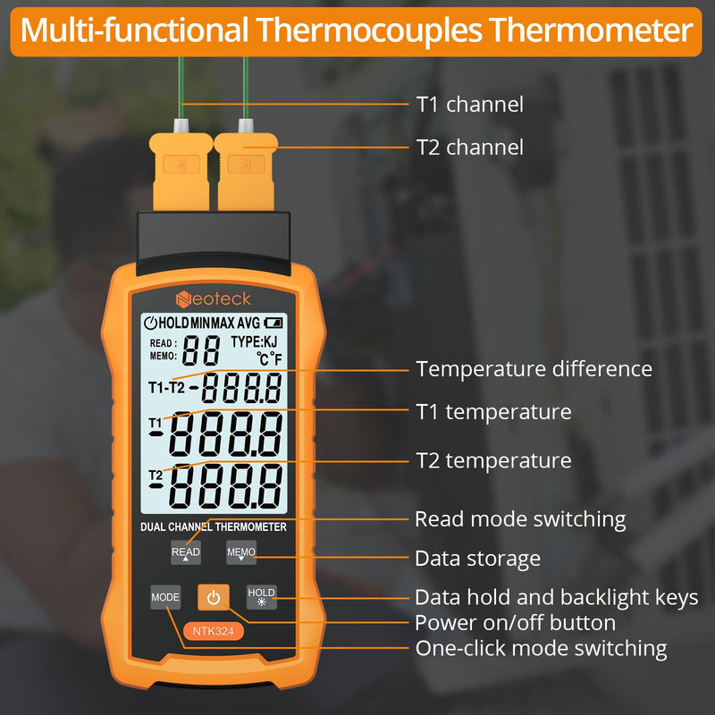 [Australia - AusPower] - Neoteck Digital Thermocouple Thermometer -50~700℃High-Precision Dual Channels with 4 K-Type Thermocouples Data Storage and Retrieval Widely Used in HVAC, Automobile,Electrical Maintenance etc. 
