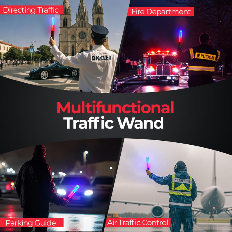 [Australia - AusPower] - Traffic Wand Rechargeable, 10 Inch Traffic Control Baton Light with 4 Flashing Modes and 1 White LED on Top, Air Marshaling Signal Wand with Side Clip for Airport, Parking, Car Directing, 1 Pack Red Blue 