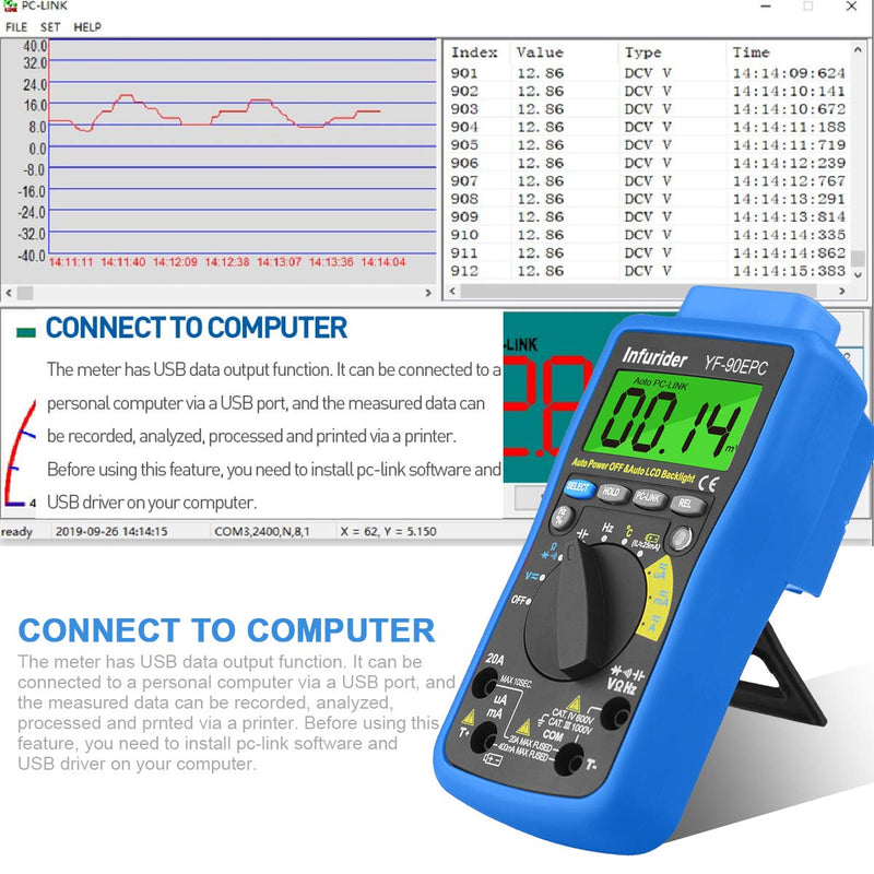 [Australia - AusPower] - Digital Multimeter Tester, Ohm Amp Volt Meter with PC Link, 4000 Counts Auto-ranging Voltmeter Ammeter DMM for AC DC Volt, Amp, Ohm, Cap,Temp and Battery Test 