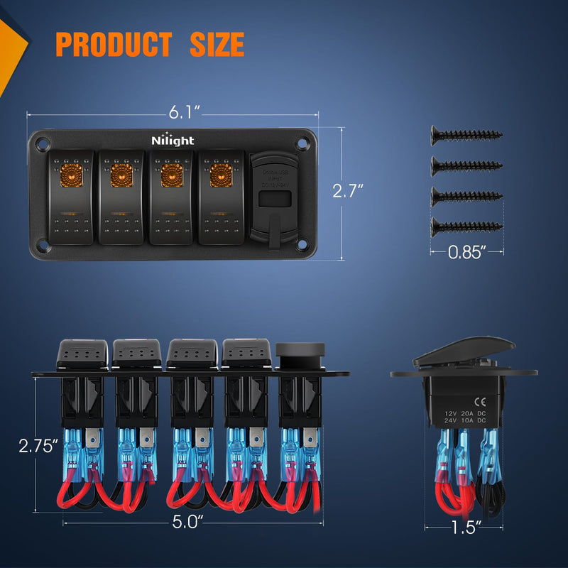 Nilight 4 Gang Rocker Switch Panel with PD Type C and USB Charger Voltmeter 12V SPST ON Off Toggle Switches with Orange Backlit Waterproof Aluminum for Boats Cars RVs Trucks Amber 5 Gang Type C +USB