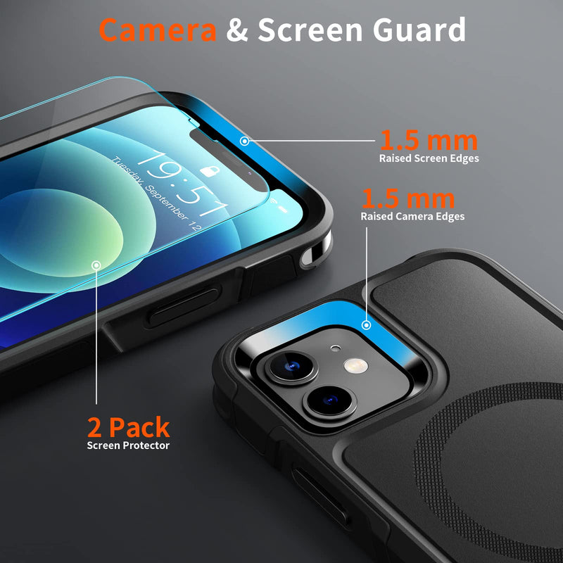 [Australia - AusPower] - SUPFINE Magnetic for iPhone 12 Case/iPhone 12 Pro Case, [Compatible with MagSafe] [10 FT Military Grade Drop Protection] 2X [Tempered Glass Screen Protector] Phone Case for iPhone 12/12 Pro, Black 