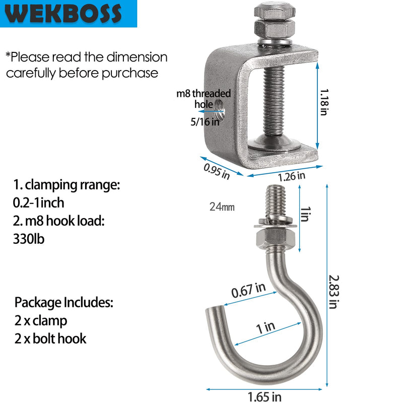 [Australia - AusPower] - 2 Set Metal Beam Hook 1 Inch Stainless Steel C Clamps and Heavy Duty Hanging J Hook/Threaded Screw Hook for Garage I Beam 1.2 in 