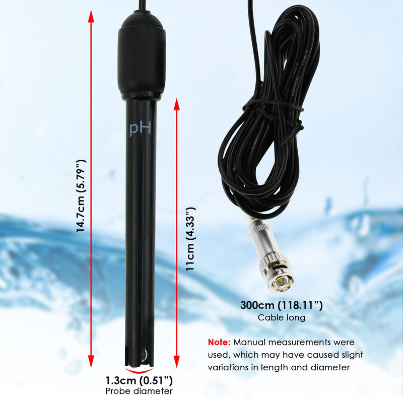 [Australia - AusPower] - pH Electrode Probe with BNC Connector, 300cm Cable, 0-14 pH Range – pH Probe for Water, Long Body Replacement Electrode Sensor for pH Meter, Controller, Water Testing Tool 