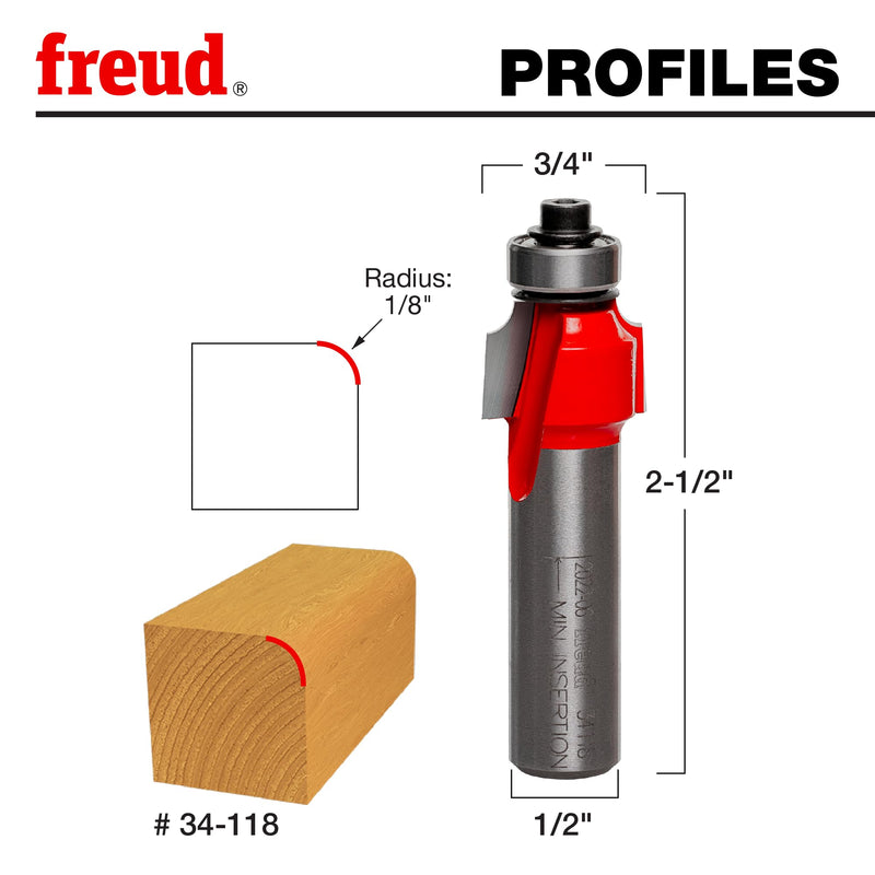 Freud 34-118: 1/8" Radius Rounding Over Bit with 1/2" Shank