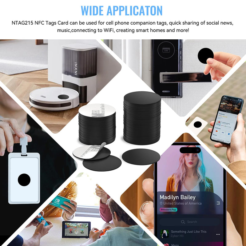 100 Pieces NFC Tags Black NTAG215 NFC 215 Tags NFC Coins Cards Black NFC Stickers Round 13.56MHz NFC Chip with Adhesive Back, Compatible with TagMo and NFC Enabled Phones Black Nfc Coin (With Adhesive) 25mm - 100 pcs