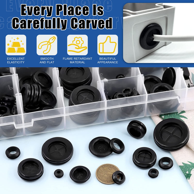 Glarks 291Pcs Rubber Grommets Set Including 110Pcs 5 Size One Sided Firewall Hole Plug & 60Pcs 5 Size Double Sided Rubber Grommets & 120Pcs 5 Size Hollow Rubber Gasket Assortment Kit & 1Pc Knife 290Pcs Single + Double Sided Rubber Grommet