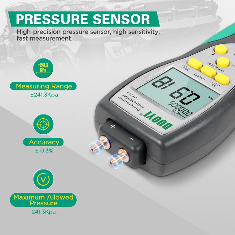 Manometer Gas Pressure Tester ±241.3Kpa/35Psi Wide Range Digital Manometer Gas Pressure Tester 11 Pressure Units Manometer Lp Gas Pressure Tester MAX/MIN/AVG Measurement manometer hvac with Battery