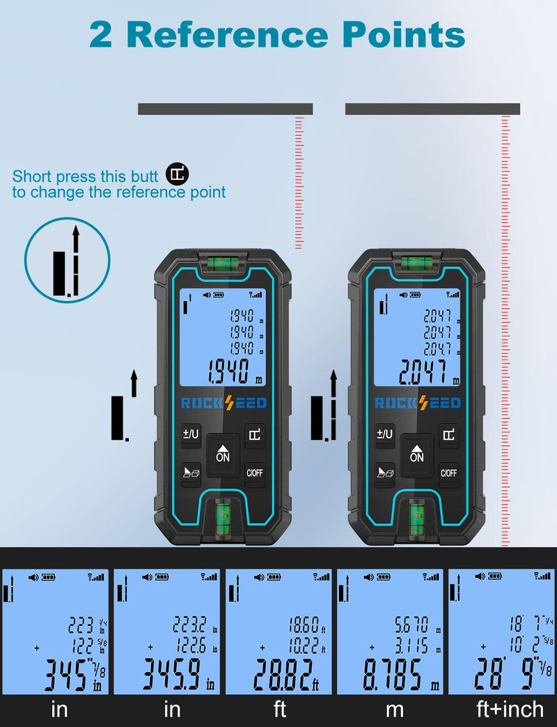Laser Measuring Tool 165 Feet, RockSeed Portable Laser Measure, Digital Distance Measurement with 2 Bubble Levels, Laser Tape Measure with 5 Units Conversion Red Laser 328ft