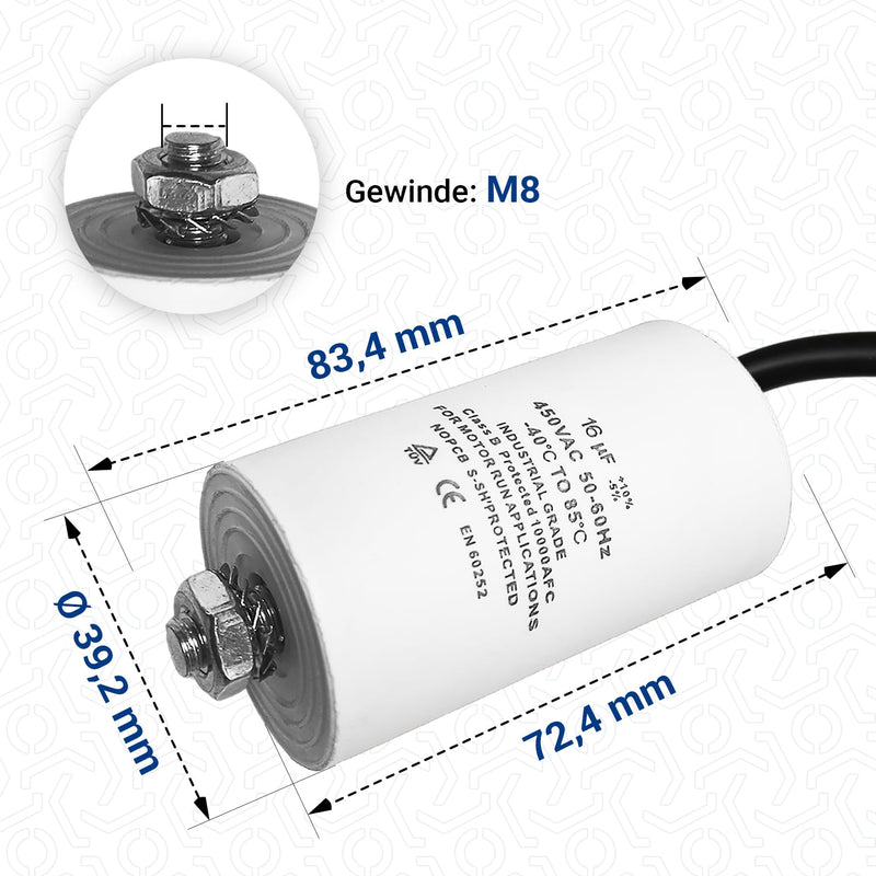 VIOKS CBB60 Capacitor 16µF 450V Universal for Electric Home Appliances | Starting capacitor motor starter capacitor motor capacitor starting capacitor, with connection cable mounting screw M8 16.00 µF cable