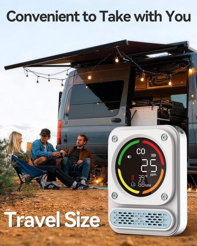 MOESAPU 3-In-1 Portable Carbon Monoxide Detector, 0-1000ppm CO Meter with Temperature Humidity, 260H Standby Rechargeable Battery, Magnetic Air Quality Monitor Alarm for Travel car Camping Home Safety White