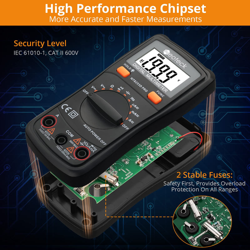 [Australia - AusPower] - Neoteck Professional Electrical Kit: Non-Contact Voltage Tester & Auto Ranging Digital Multimeter with 12-1000V AC Detection, LED Flashlight, Buzzer Alarm, Continuity Test, Diode Check 