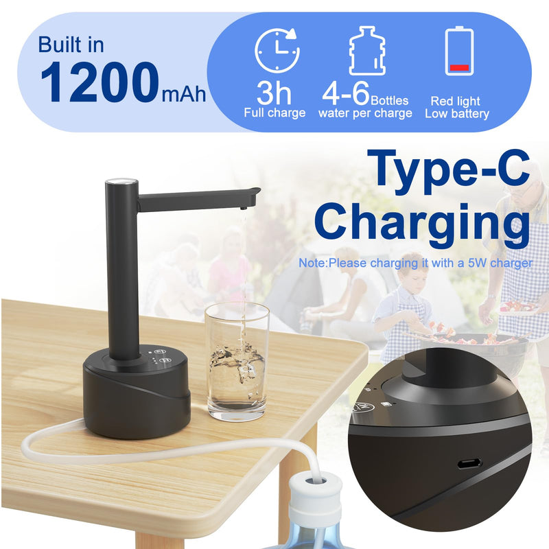 Latedaux 5 Gallon Dual-use Desktop Electric Water Bottle Dispenser, USB Type-C Charging Automatic Countertop Drinking Water Bottle Pump for 2-5 Gallon, Smart Water Jug Dispenser for Camping(Black) Black